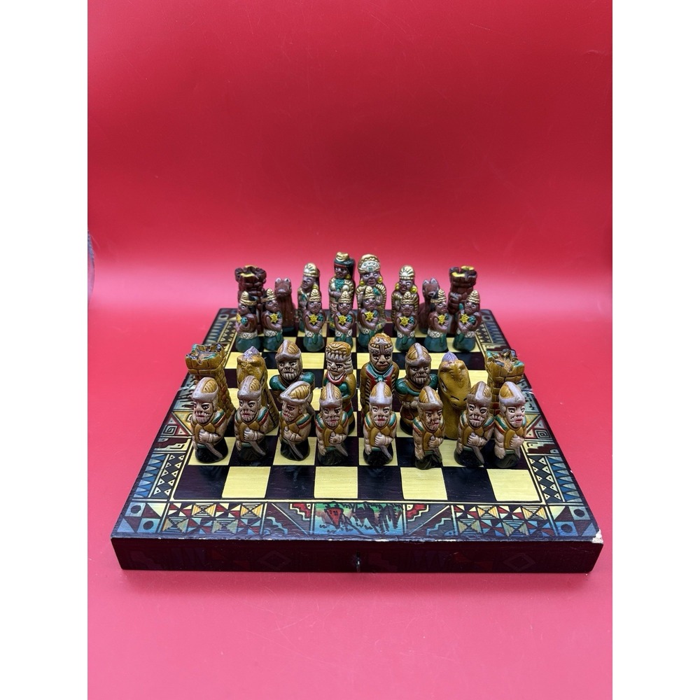 Handmade Portable Chess Set Aztec Mayan Incas VS Spanish Conquistadors Vintage
